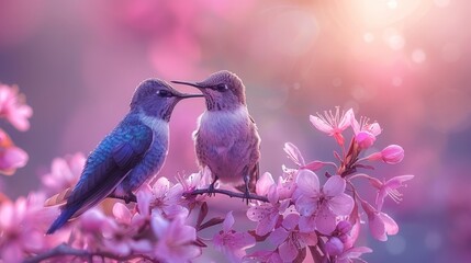 Fototapeta premium Two birds perched on tree branches with pink flowers against a blue backdrop