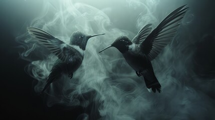 Fototapeta premium A pair of birds flying near each other on a cloud that resembles a body of water