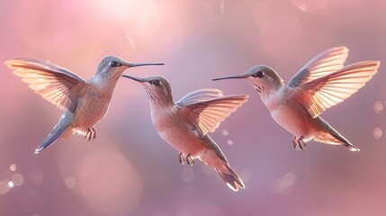 Fototapeta premium Hummingbirds flying together against a pastel backdrop with air bubbles