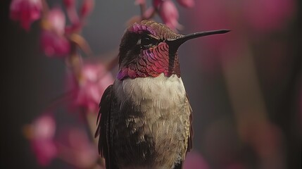 Fototapeta premium A bird perched on a tree's branch, surrounded by vibrant pink flowers against a blurred background