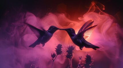 Fototapeta premium Hummingbirds flying together on a purple & pink smoke-filled background with plants and flowers