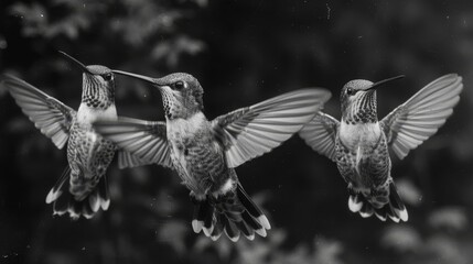 Fototapeta premium Three Hummingbirds - A Black & White Photo