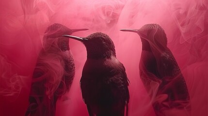 Fototapeta premium Birds on a red surface with smoke
