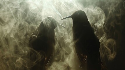   A pair of birds perched atop a smoky field, illuminated by a soft light