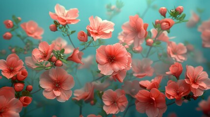   A close-up photo of numerous pink blossoms on a blue backdrop with a central green stem
