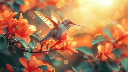 Fototapeta premium A hummingbird sits on an orange-flowered branch with the sun behind it