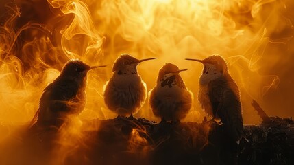 Fototapeta premium A group of birds perched on a tree limb against a fiery orange-yellow backdrop