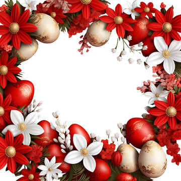 a red easter eggs with flowers frame easte, Isolated on transparent PNG background, Generative ai