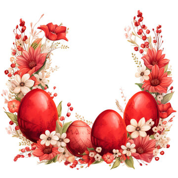 a red easter eggs with flowers frame easte, Isolated on transparent PNG background, Generative ai