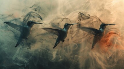 Fototapeta premium Three hummingbirds fly in the air, with smoke in the foreground