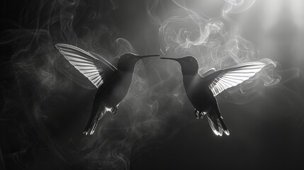 Fototapeta premium Black-and-white image of two hummingbirds mid-flight with wing smoke