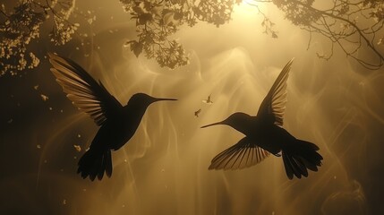 Fototapeta premium Two birds flying together in front of a dense forest full of trees and leaves