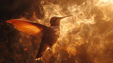   A close-up of a bird flying in the air surrounded by thick smoke and a brilliant light behind it