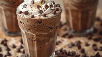   Two chocolate milkshakes with whipped cream and chocolate chips