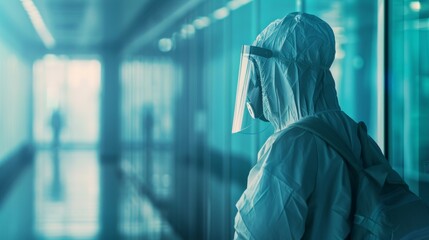 A person wearing a white raincoat is captured standing in a hallway