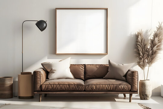 modern living room with books, coutch in cozy style in brown colors