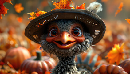A photo of an anthropomorphic turkey wearing a witch's hat, surrounded by pumpkins and fall leaves. Created with Ai