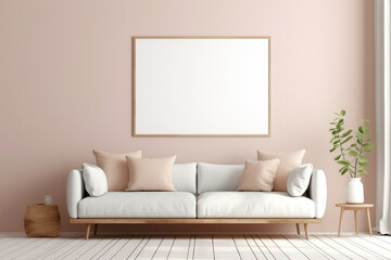 Visualize the elegance of a beige and Scandinavian sofa complemented by a white blank empty frame...