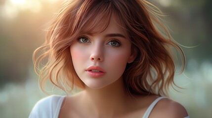 Portrait of a Young Woman with Auburn Hair and Piercing Eyes - obrazy, fototapety, plakaty