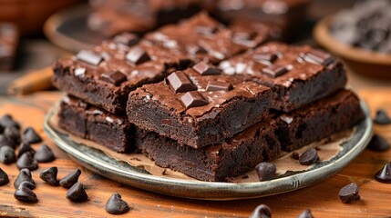  Close-up of a plate of brownies with chocolate chips on a table surrounded by other brownies in the background - obrazy, fototapety, plakaty