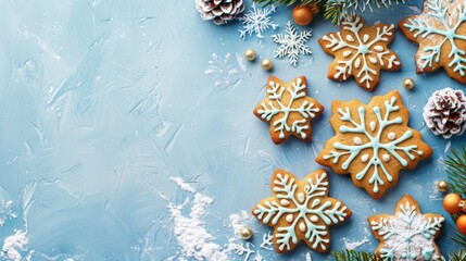 Various Christmas cookies and decorations arranged neatly on a blue background - Powered by Adobe