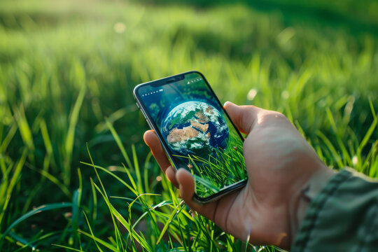 A person is holding a cell phone in a field of grass. The phone screen shows a picture of the Earth. Concept of connection to nature and the importance of preserving our planet
