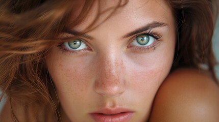 Obraz premium Close-up Portrait of a Woman with Piercing Blue Eyes and Freckles