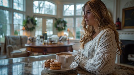   A woman sat at a table with a cup of coffee and a plate of cookies in front of her