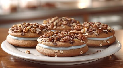   A white plate with cookies frosted in pecans sits on a wooden table next to a cup of coffee