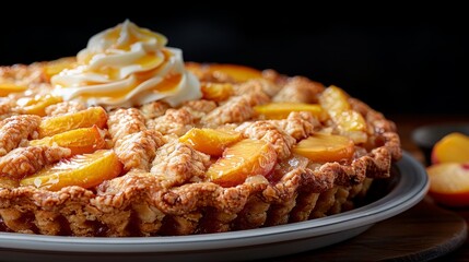   A close-up shot of a pie on a plate, topped with whipped cream and juicy peaches