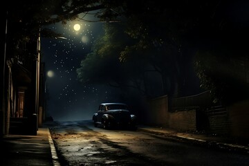 Obraz premium Car driving through the street at night with moon in the background