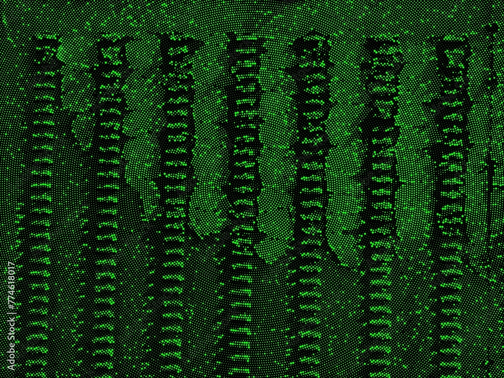 Poster neon green spots and dots of different sizes arranged to make a vertical column pattern on a black b