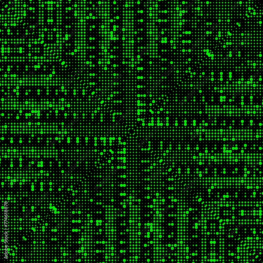 Poster neon green spots and dots of different sizes arranged to make a pleasing pattern on a black backgrou