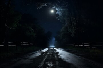 Car driving through the street at night with moon in the background