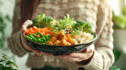 Woman's hand holding a plate of vegetarian food Healthy food from plants.