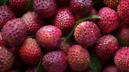   A macro shot of a cluster of strawberries with droplets of dew on the upper and lower surfaces of the fruit