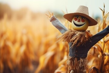 closeup scarecrow on blurred field background - obrazy, fototapety, plakaty