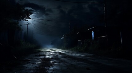 Mysterious dark street at night with fog and full moon