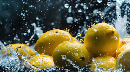 A bunch of ripe lemons, with water droplets, falling into a deep black water tank