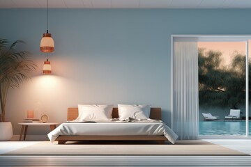 Soft bed in modern bedroom with pool view background for comfort and relax design