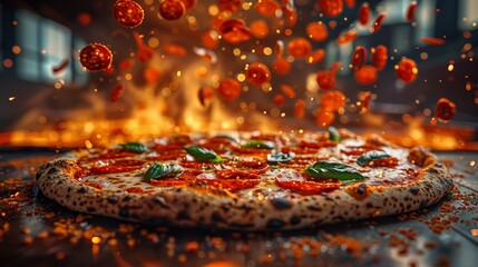   A pizza on a pan with cheese and toppings, set against a fiery backdrop