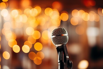closeup microphone on stage with blurred gold bokeh background with copy space