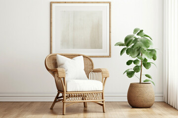 Visualize the bohemian charm in a contemporary living room featuring a wicker chair, floor vases,...