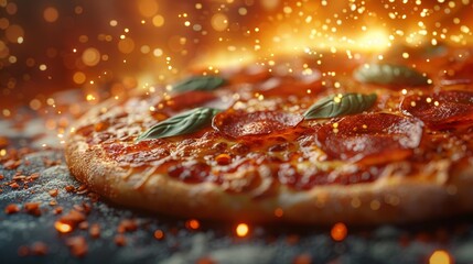   A close-up of a pepperoni pizza with an abundance of sprinkles on a table - obrazy, fototapety, plakaty
