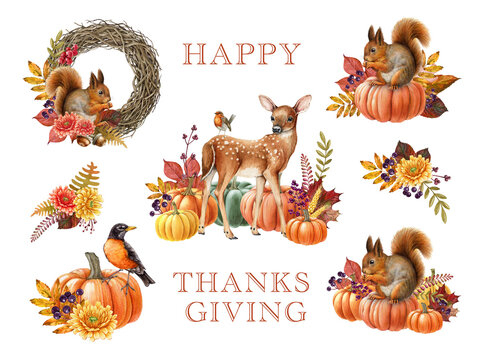 Thanksgiving decor elements with forest animals. Vintage style watercolor illustration. Hand drawn Thanksgiving festive floral decoration with pumpkins, autumn leaves and berries. White background