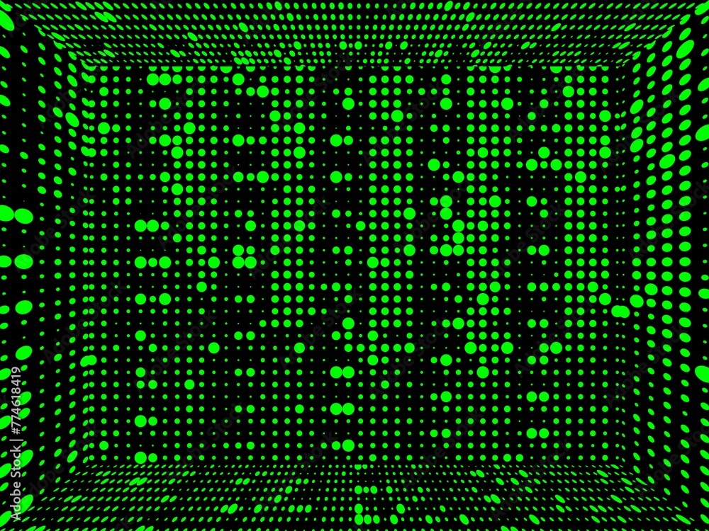 Aufkleber neon green spots and dots of different sizes arranged to make a complex grid pattern and 3d box desi