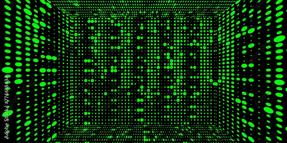 Aufkleber neon green spots and dots of different sizes arranged to make a complex grid pattern and 3d box desi
