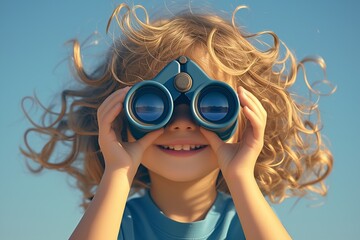 cute child using binocular to look
