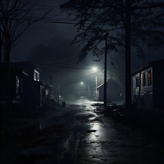 Mysterious dark street at night with fog and full moon