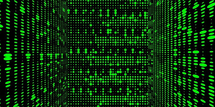 Neon green spots and dots of different sizes arranged to make a complex grid pattern and 3D box design on a black background